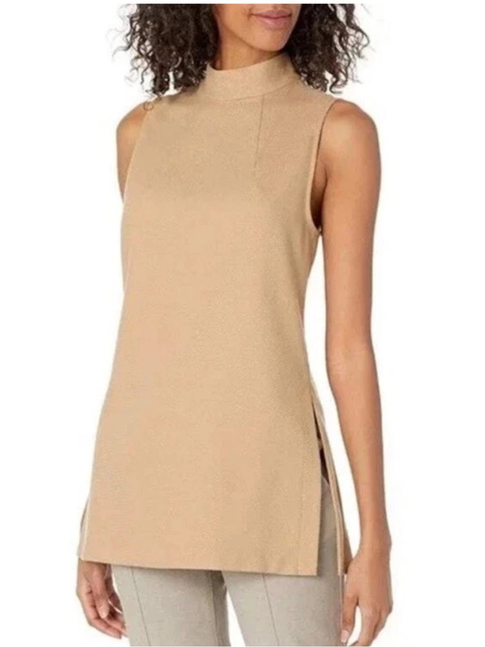 Trina Turk Jaya Textured Sleeveless Side-Slit Mock Neck Tunic Top 8 minimalist